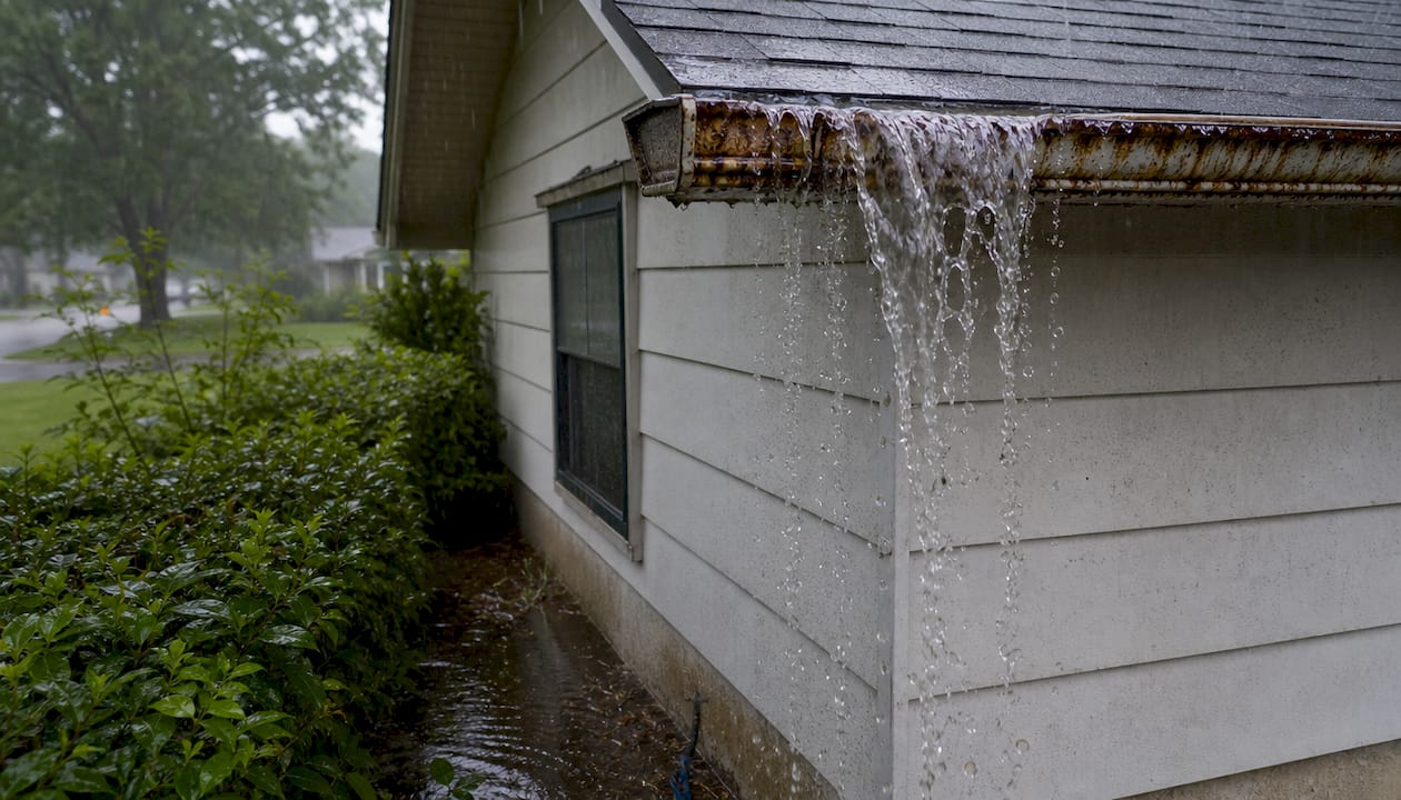 Rainwater overflowing damaged gutters on roof