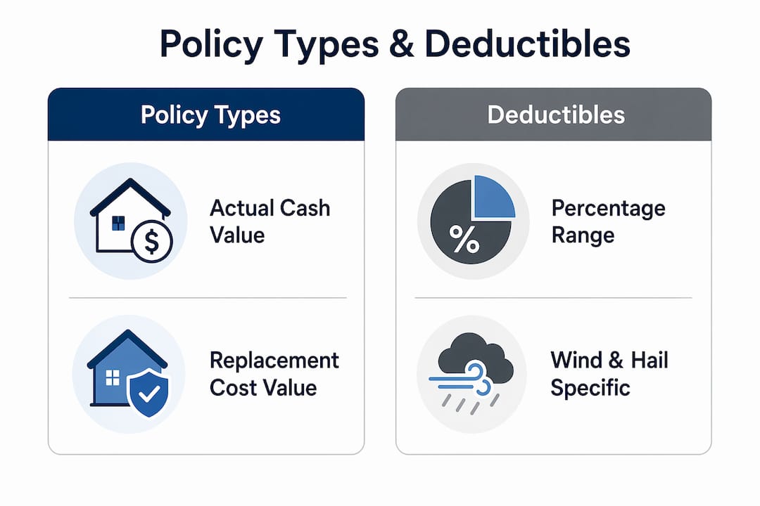 Infographic comparing roof insurance policy types and deductibles