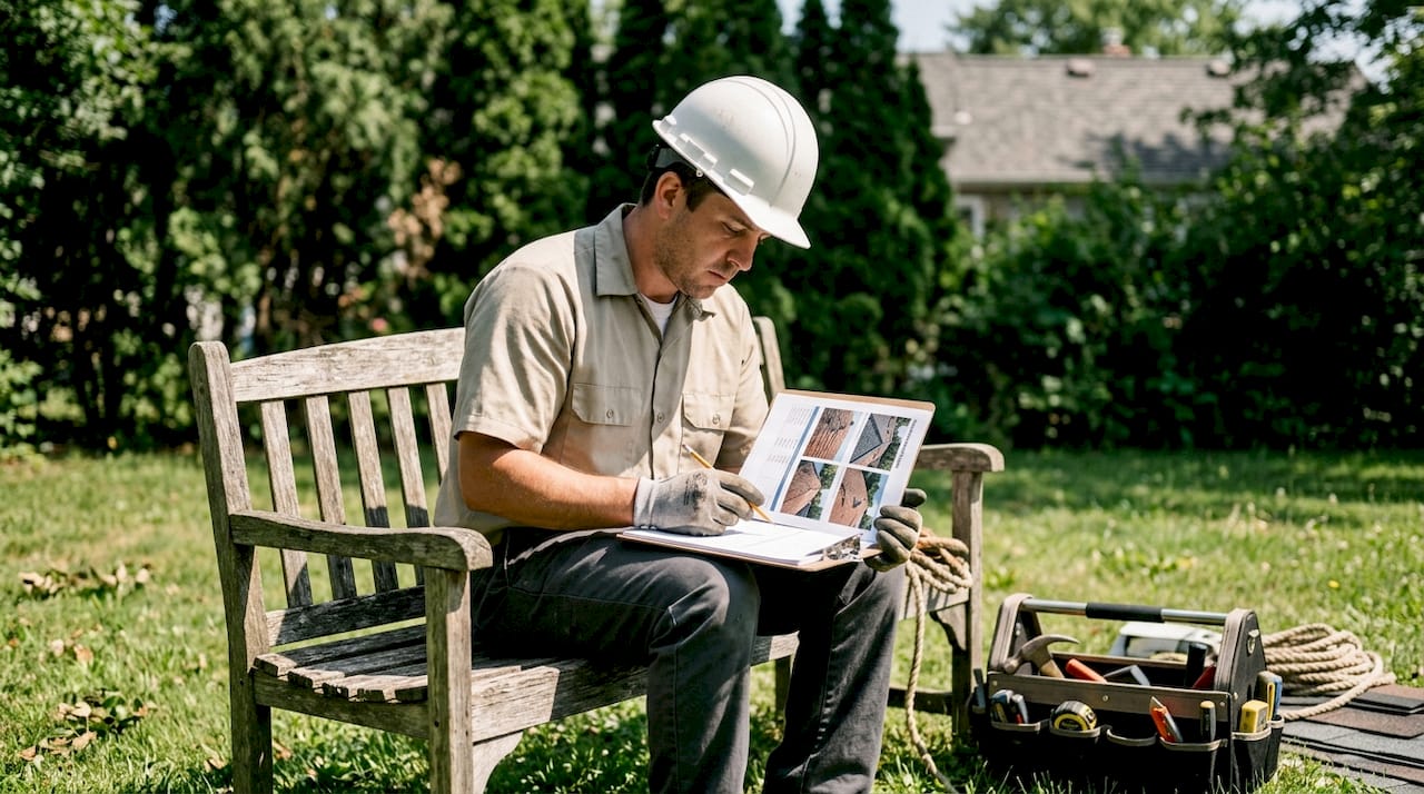 Roofer reviewing repair cost estimates outdoors
