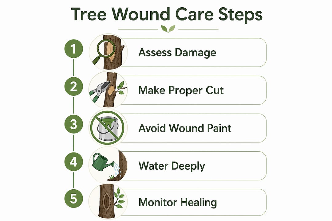 Tree Wound Care Guide for Central Florida Homeowners 1 Infographic illustrating five tree wound care steps