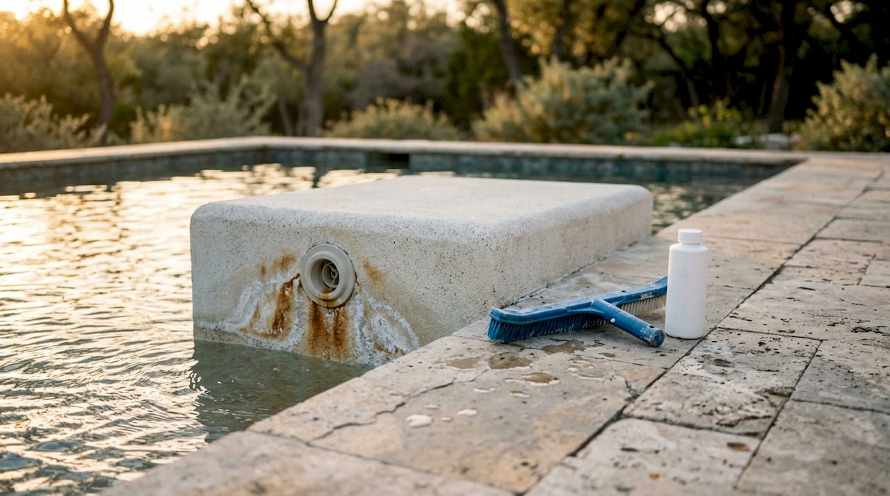 Well Water Effects on Pools in Florida: What to Know 2 Close-up of pool mineral stains and cleaning tools
