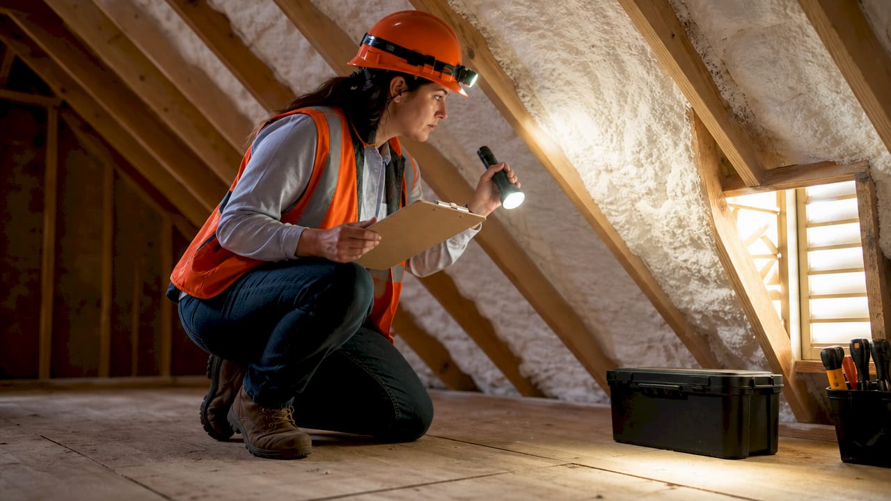 Professional inspecting attic insulation for damage