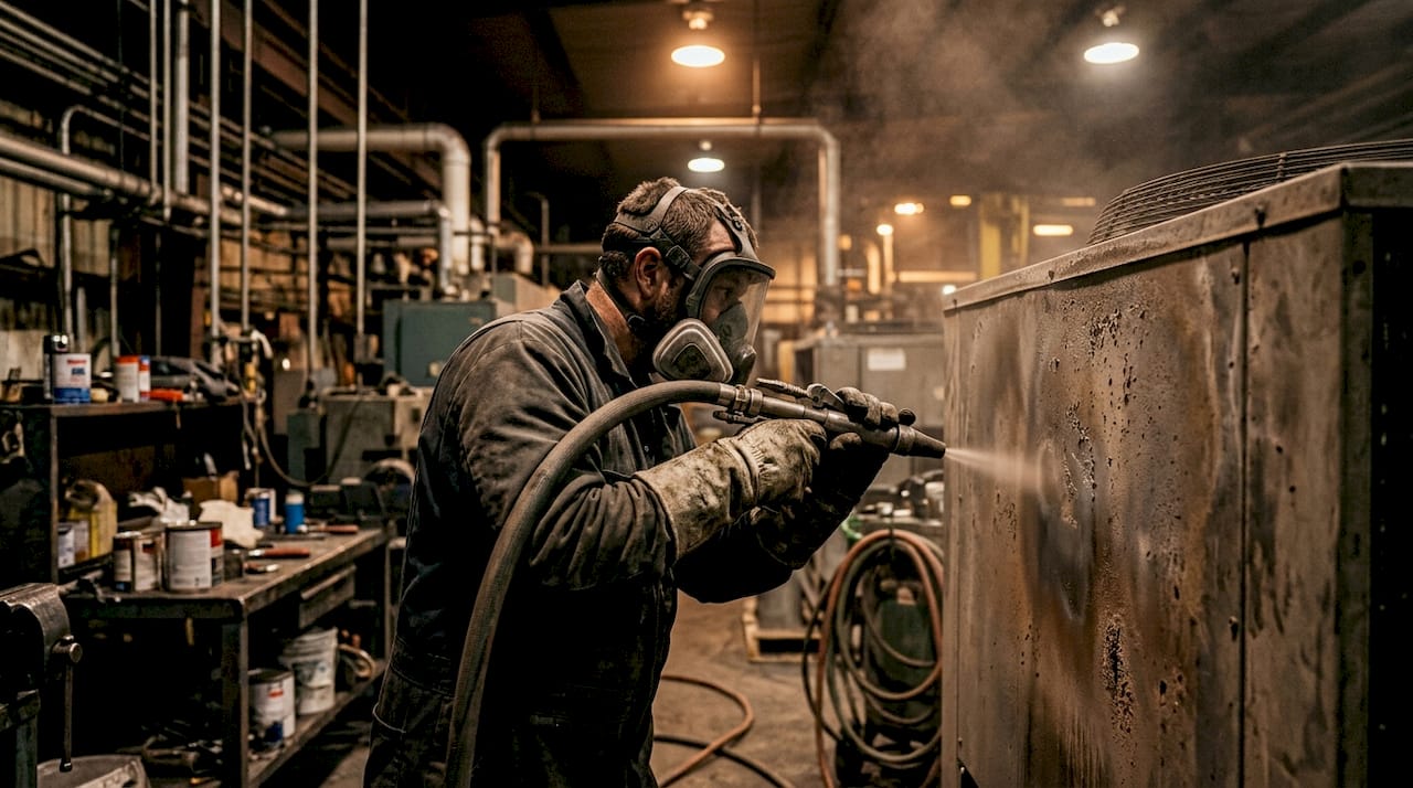 Worker blasting surface of industrial HVAC unit