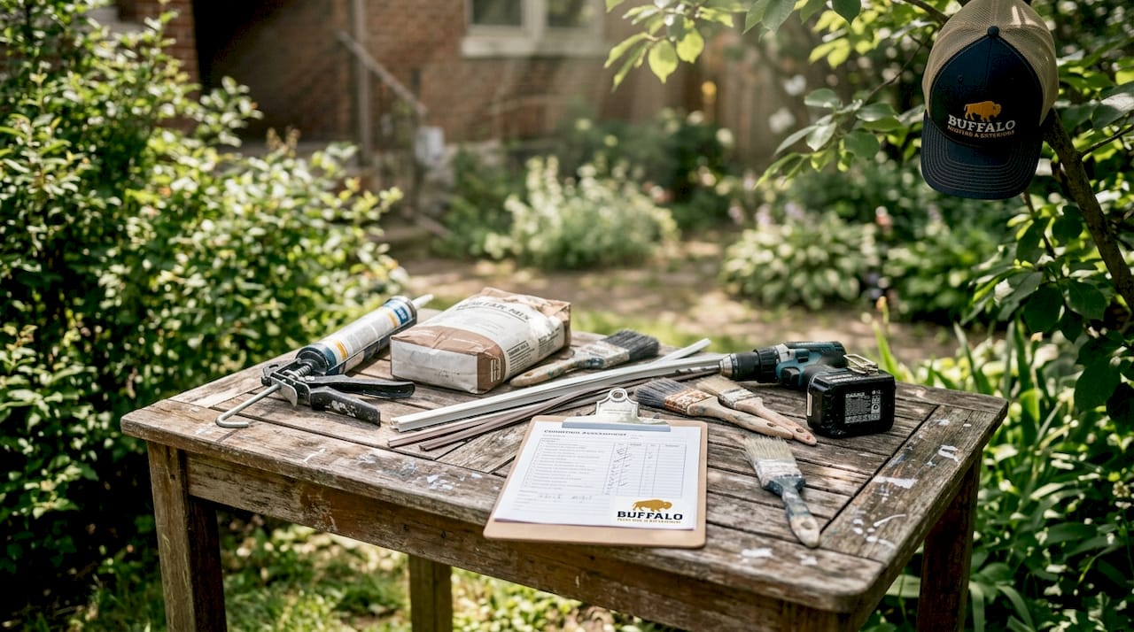 Workbench with exterior restoration tools and checklist