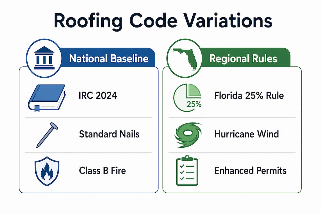 Infographic comparing national and regional roofing code rules