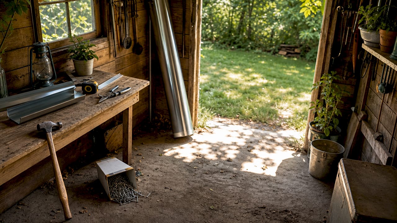 Close-up of tools and aluminum flashing material on workbench