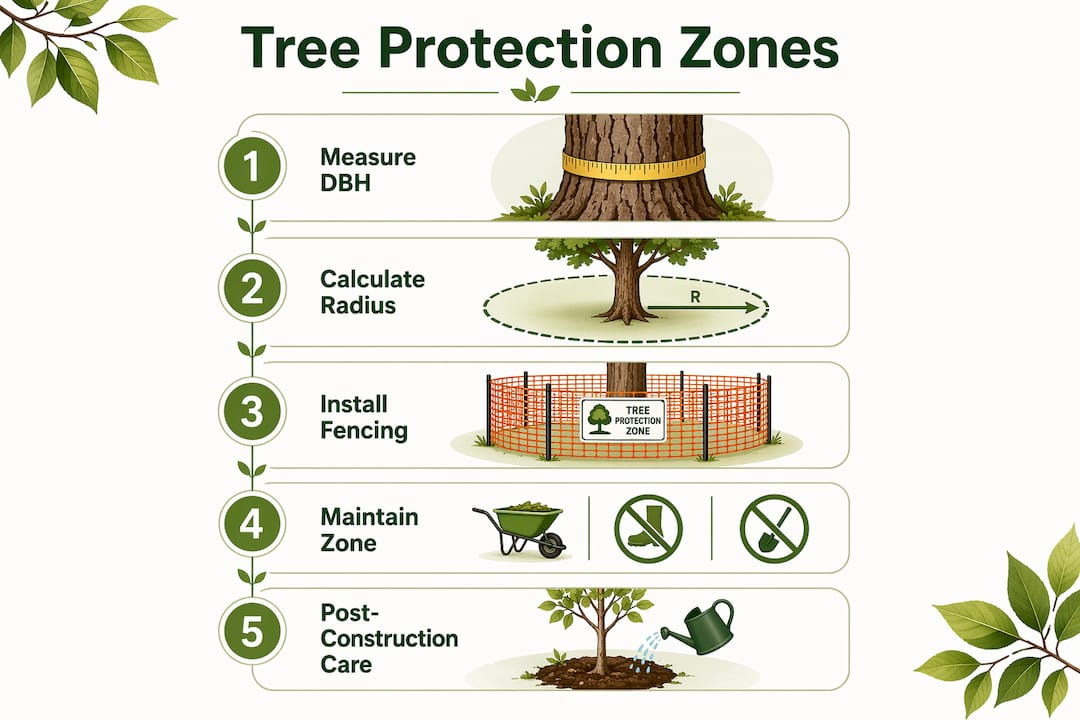 The Role of Tree Protection Zones in Development 2 Infographic showing key steps to establish tree protection zones