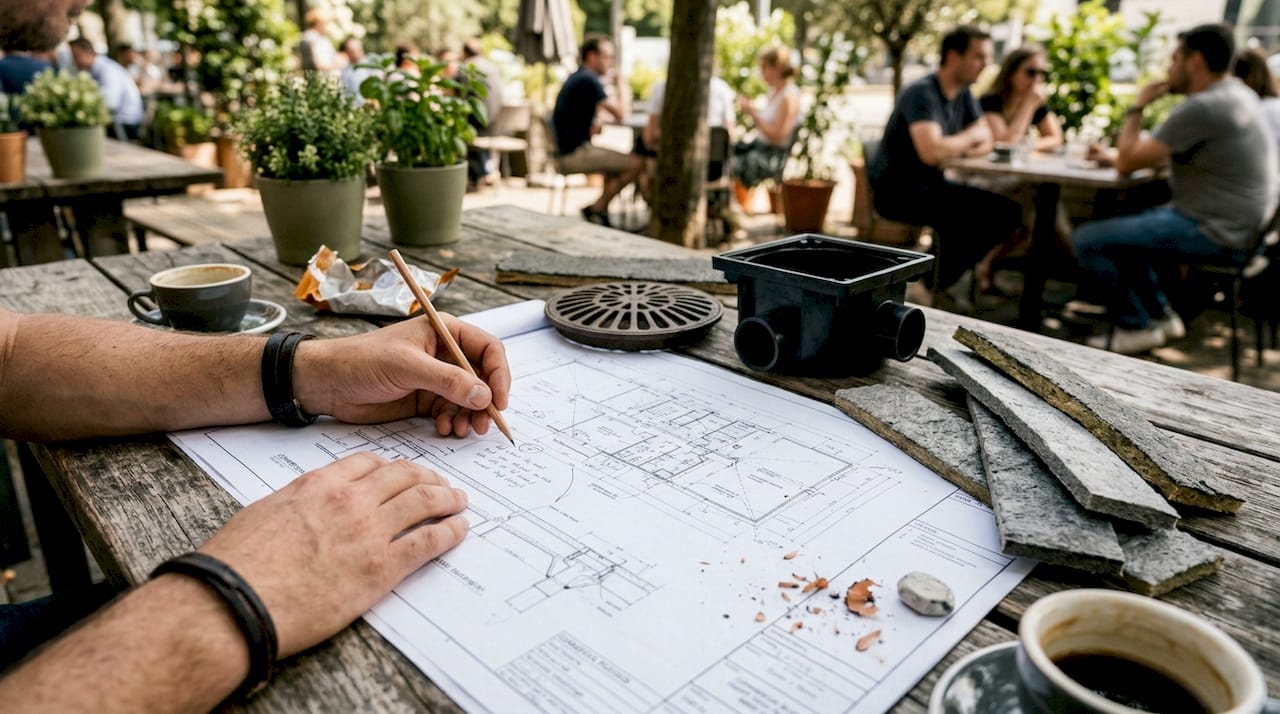 Blueprint and roofing drainage components on table