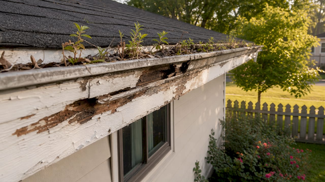 Close-up of water damaged fascia and overflowing gutter