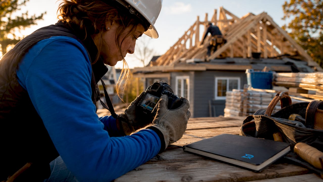 Photographer reviewing roofing job photos on camera