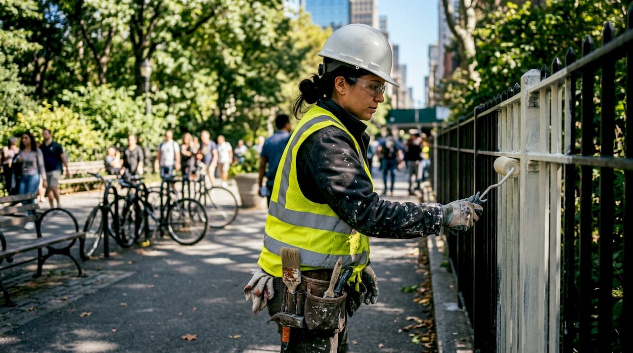 Female contractor rolling primer coating outdoors