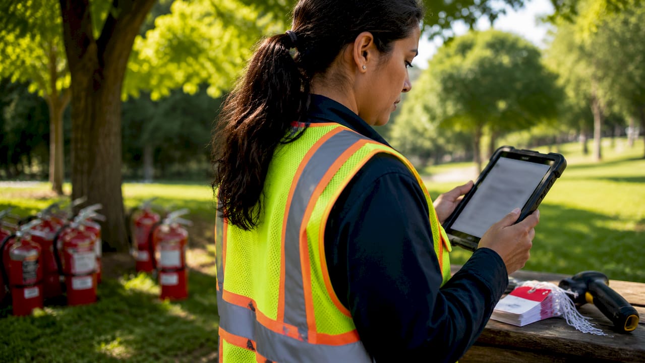Technician using tablet for fire safety digital inventory