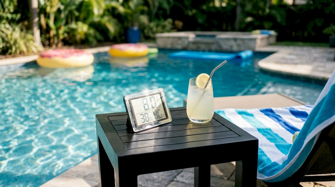 Central Florida Pool Evapotranspiration: 2026 Guide 1 Thermometer and hygrometer by poolside