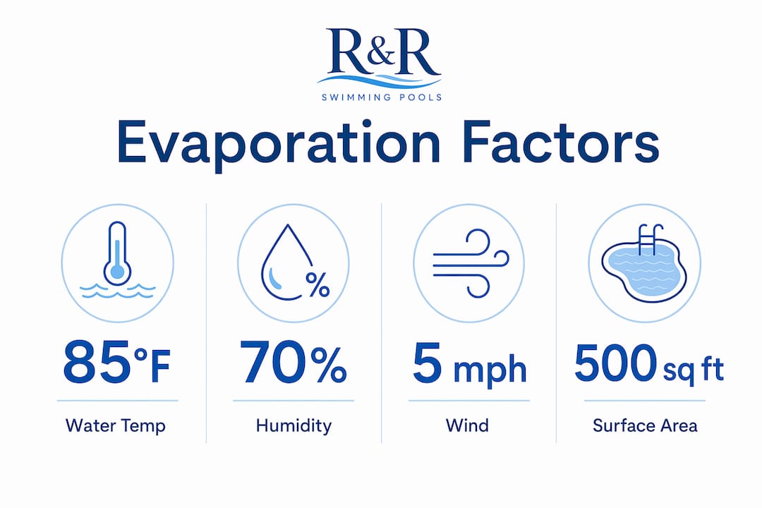 Central Florida Pool Evapotranspiration: 2026 Guide 2 Infographic showing key factors affecting pool evaporation