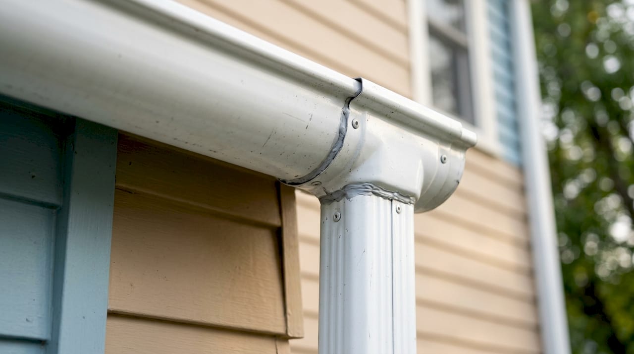 Close-up of gutter outlet connecting gutter and downspout