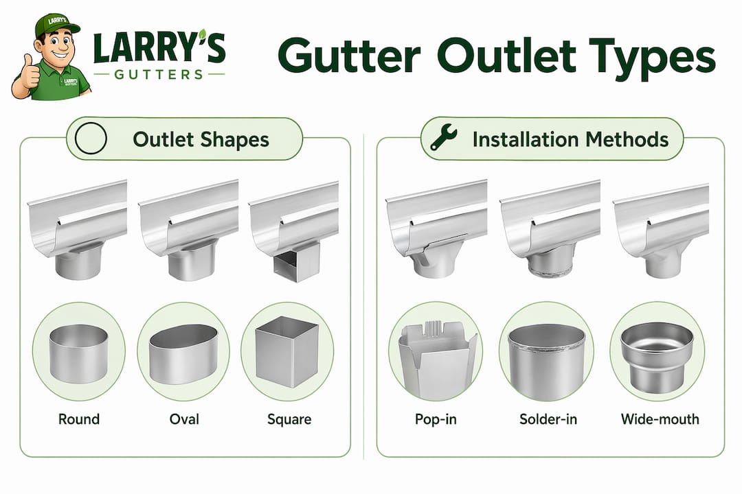 Infographic comparing gutter outlet shapes and installation methods