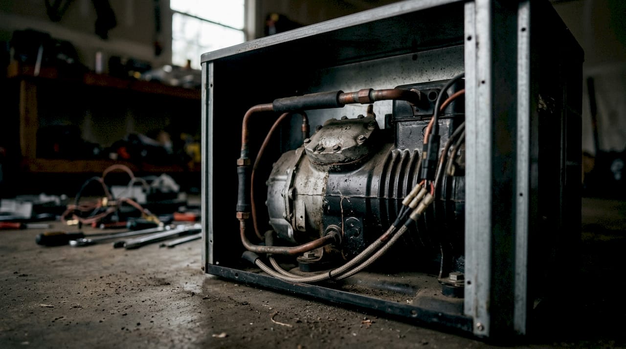 Close-up of single-stage AC compressor inside unit