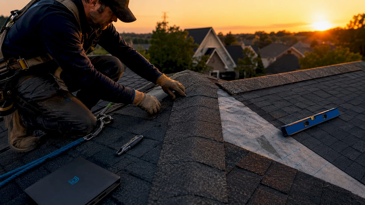 Contractor adjusting shingles at roof valley joint