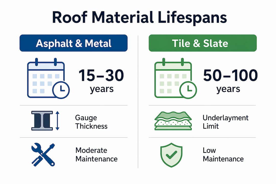 Infographic comparing roof materials lifespan and care