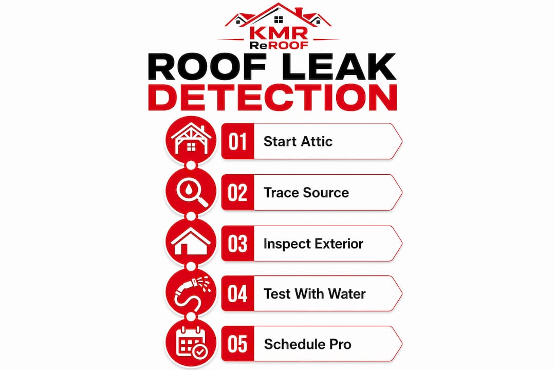 Infographic illustrating roof leak detection steps