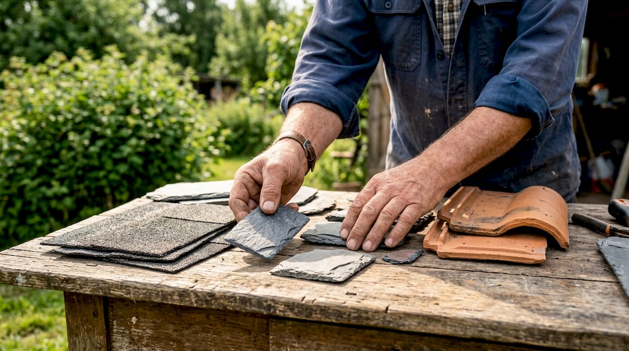 Hands holding roofing material samples indoors