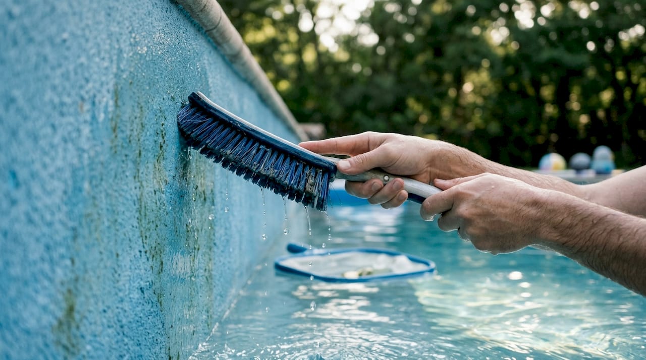 Hands brushing pool walls to remove stains