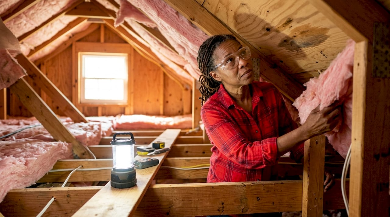 Woman inspecting attic for roof water damage
