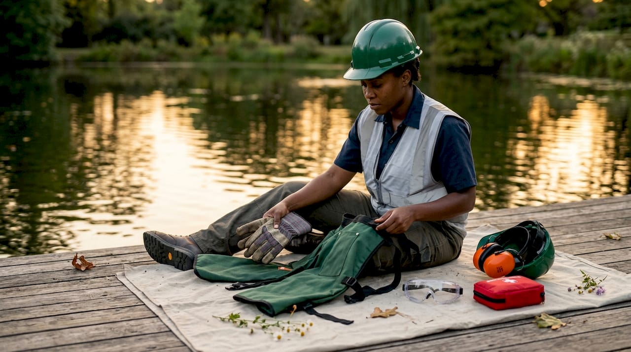 Landscape Safety Workflow: A Property Manager's Guide 1 Landscape worker inspecting protective gear on residential site