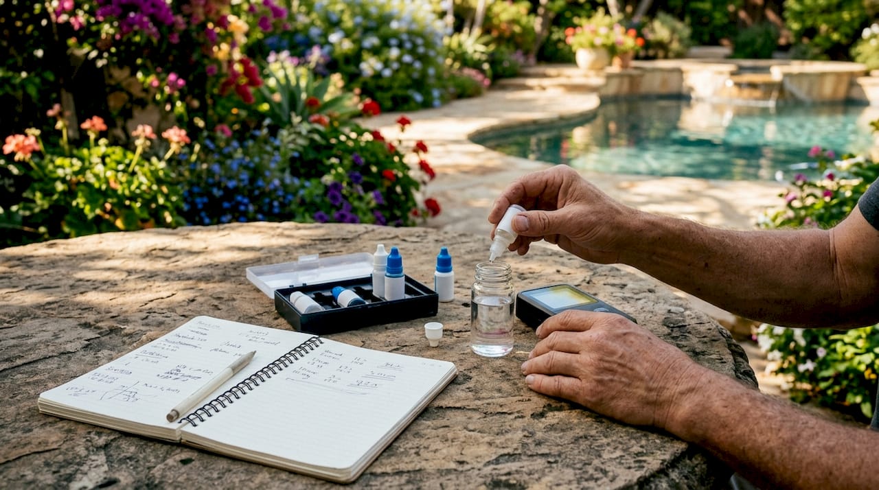 Hands testing pool water chemistry with kit