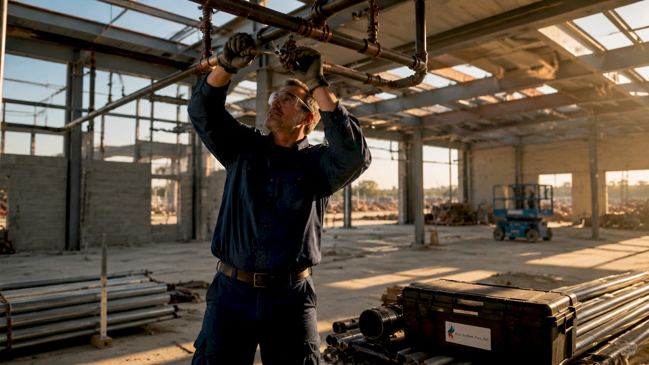 Technician installing sprinkler system piping