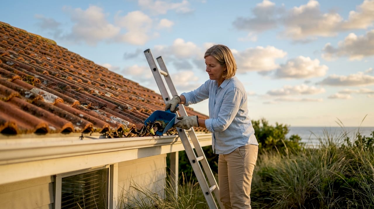 Homeowner cleaning gutters on coastal house roof