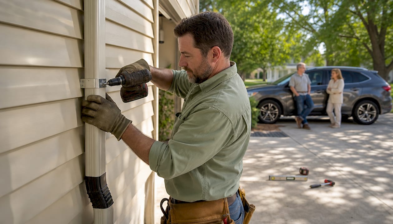 Tradesman installing gutter leader pipe bracket on house
