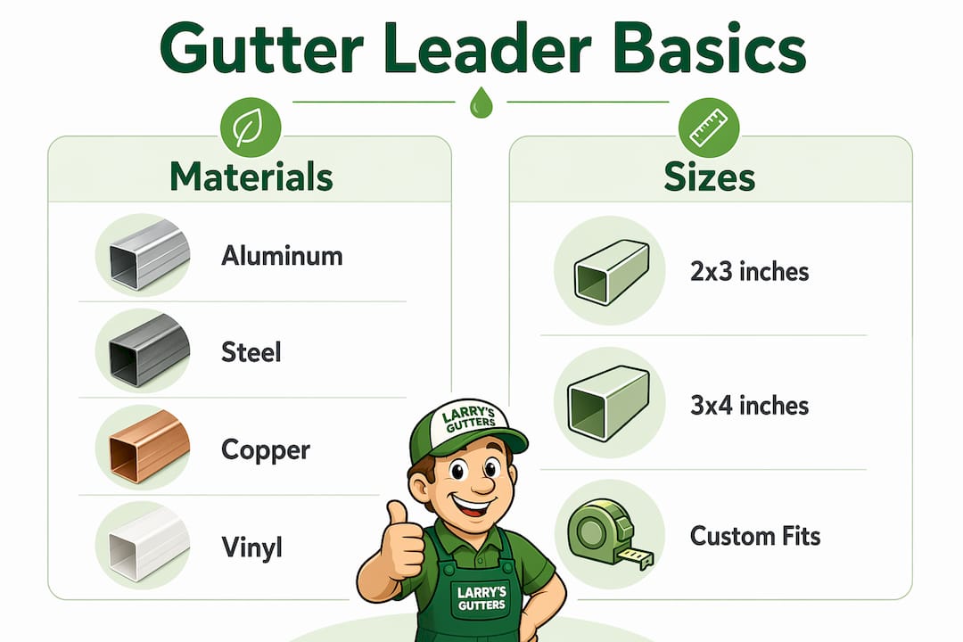 Infographic comparing gutter leader materials and sizes