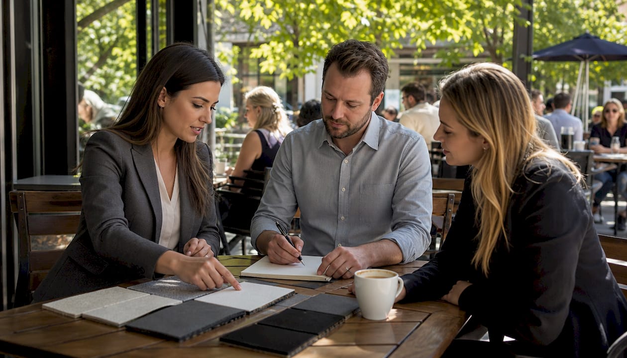 Professionals comparing commercial roofing samples
