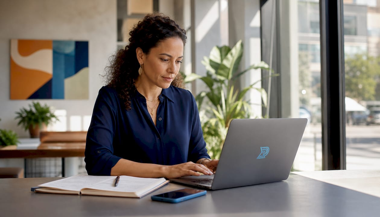 Marketing professional reviewing digital lead data at desk