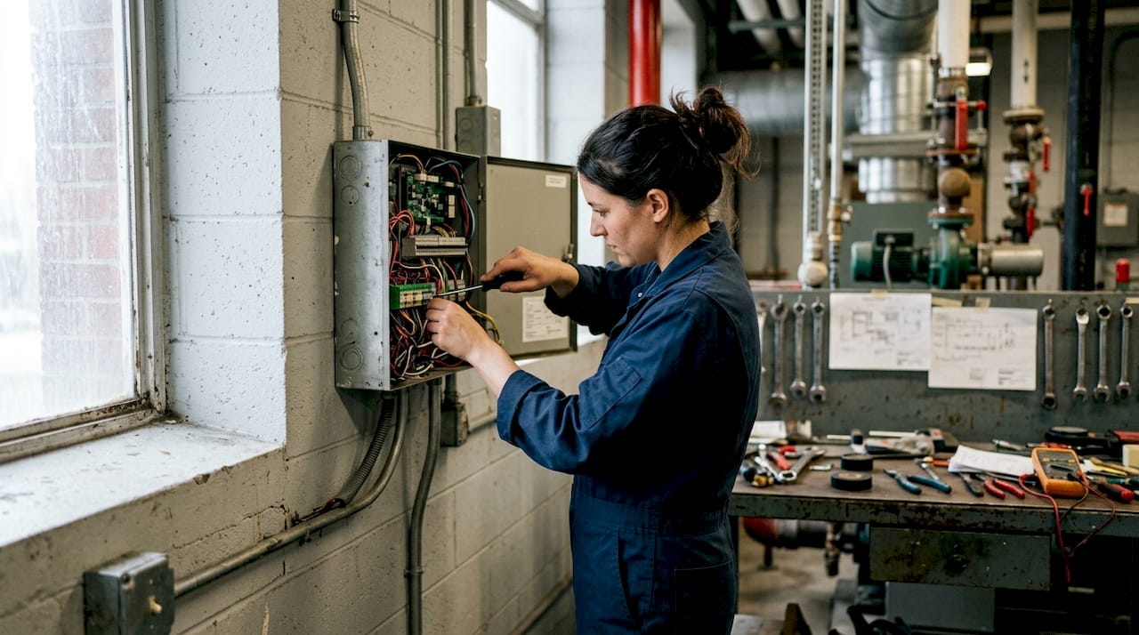 Hands adjusting fire curtain control unit