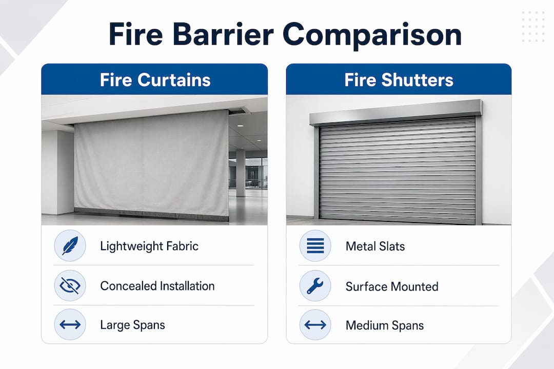 Infographic comparing fire curtains and fire shutters