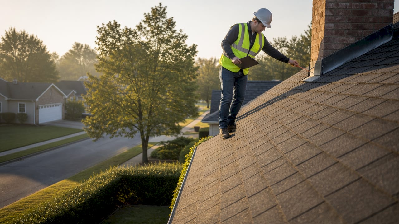 Roof contractor inspecting shingles on residential roof