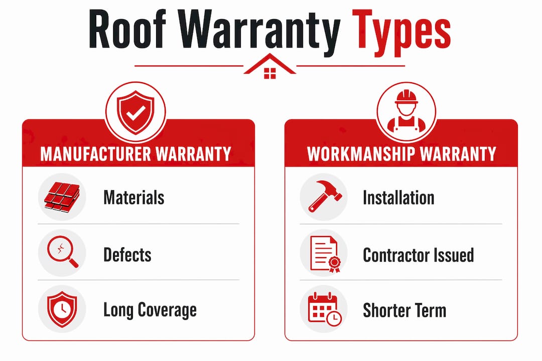 Infographic comparing manufacturer and workmanship roof warranties