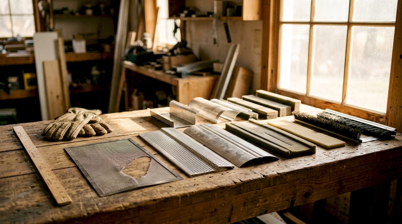 Variety of gutter filter media samples on workbench