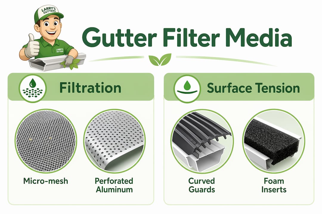 Infographic comparing gutter filter media types and lifespan