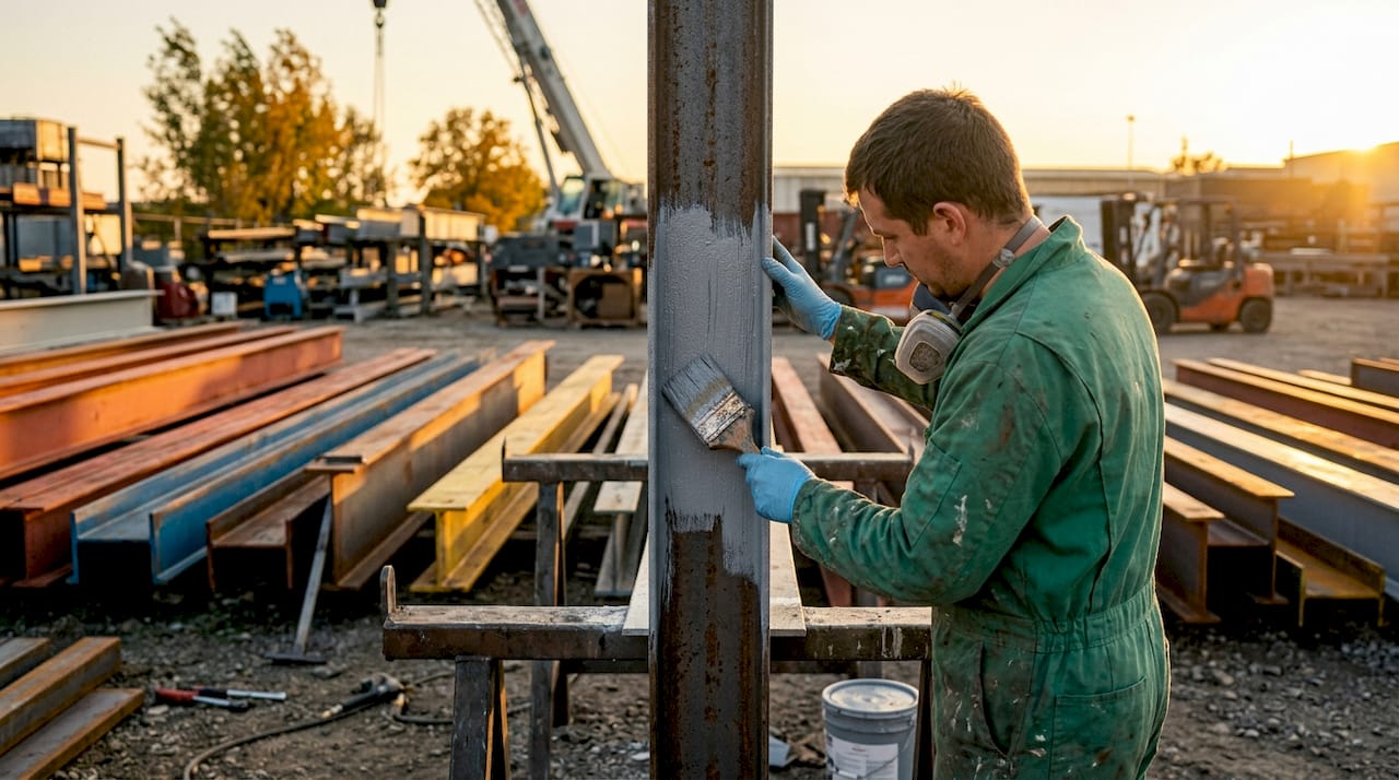 Hands applying zinc-rich primer to steel beam