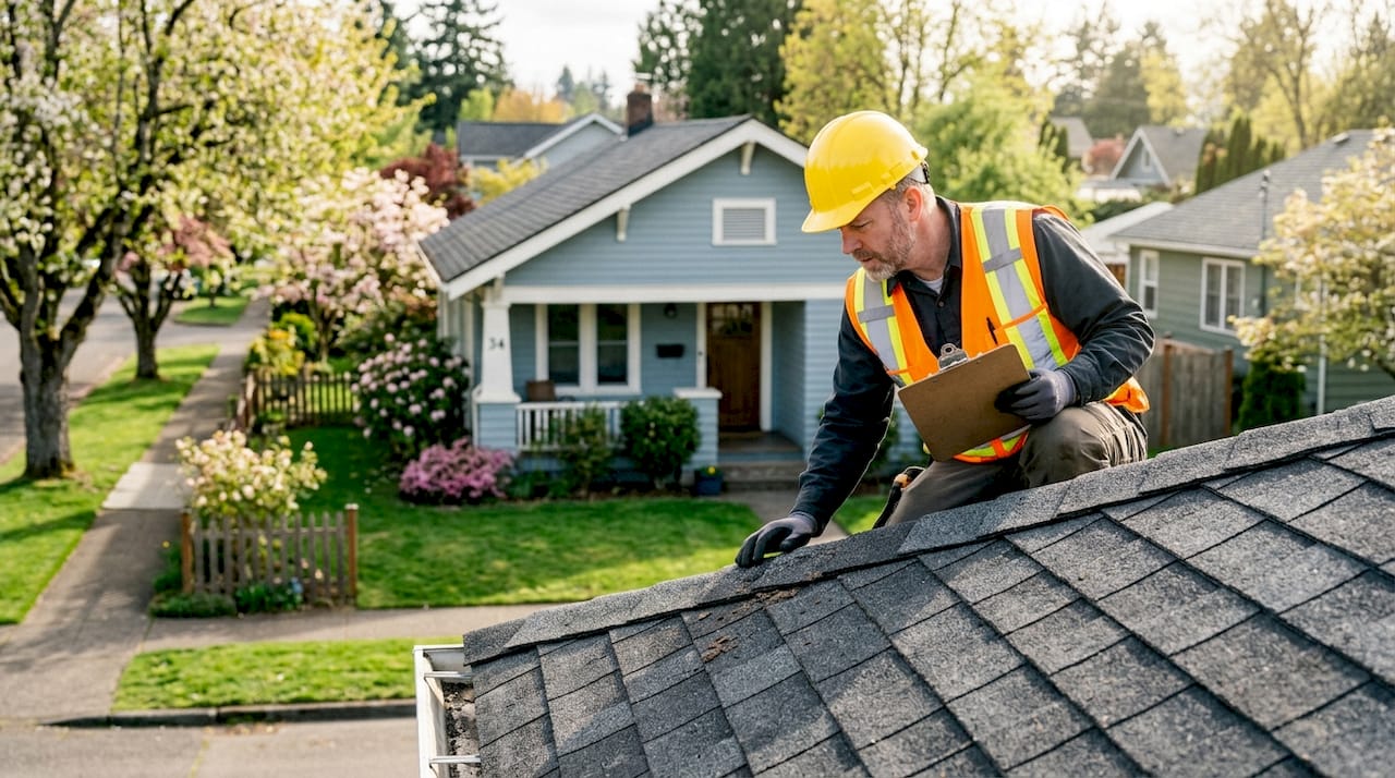 Roofing inspector assessing shingle condition outdoors