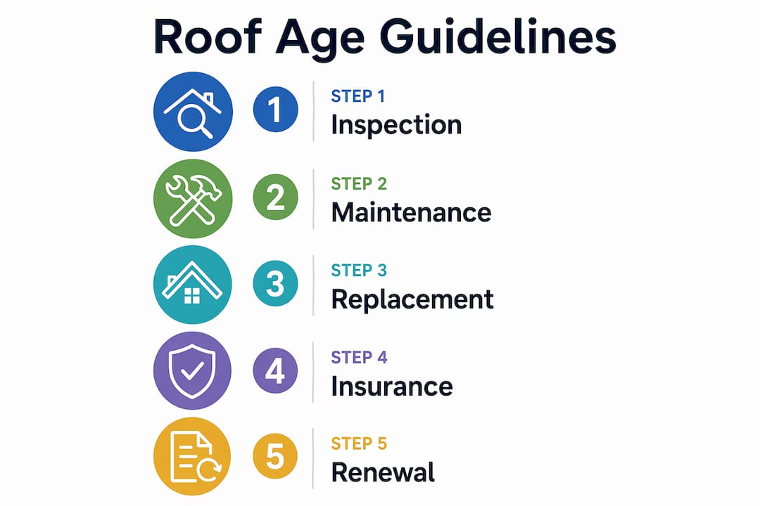 Infographic showing roof age inspection and replacement steps