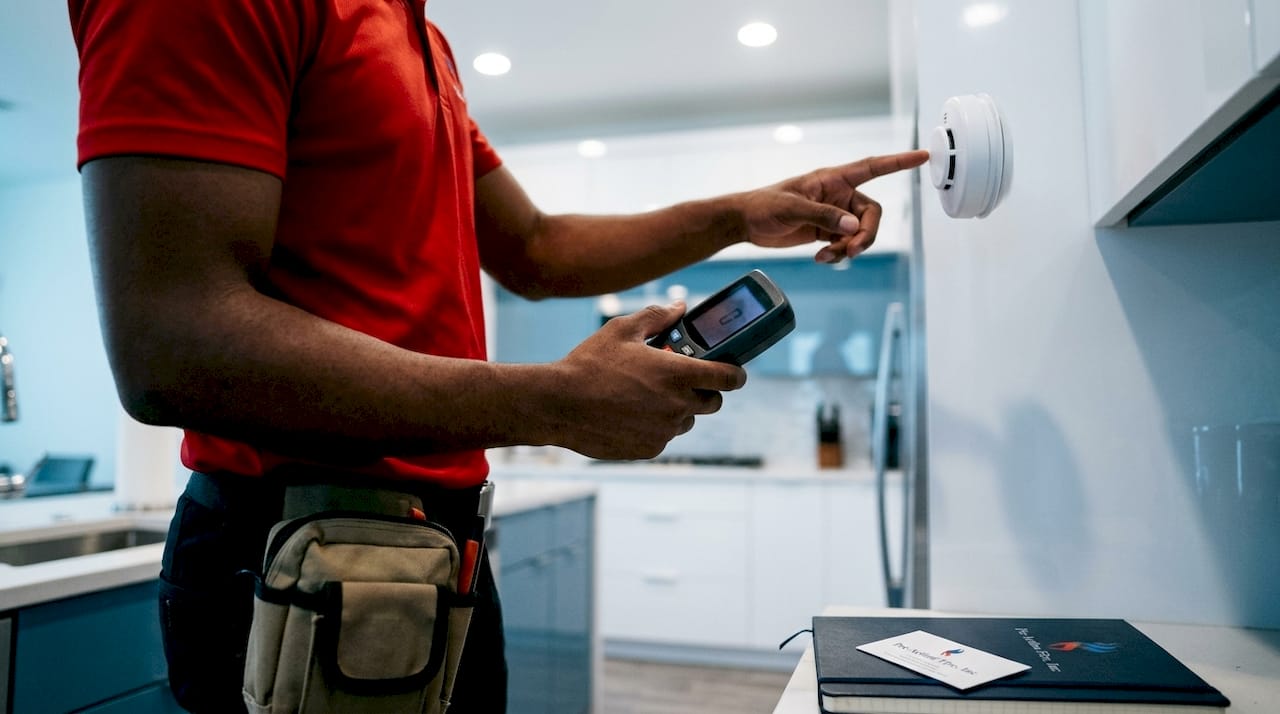 Hands testing smoke detector with digital device