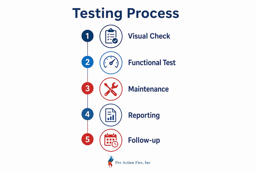 Infographic showing fire safety system testing steps