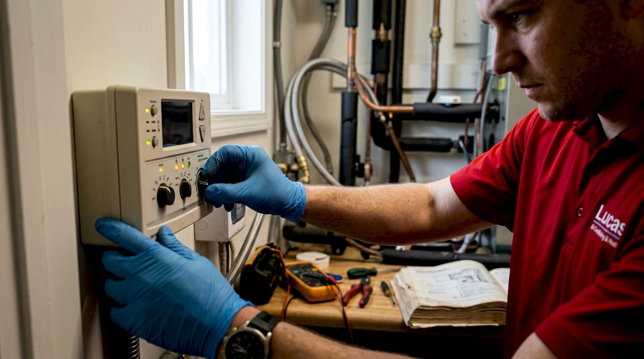 Technician hands adjusting HVAC control panel