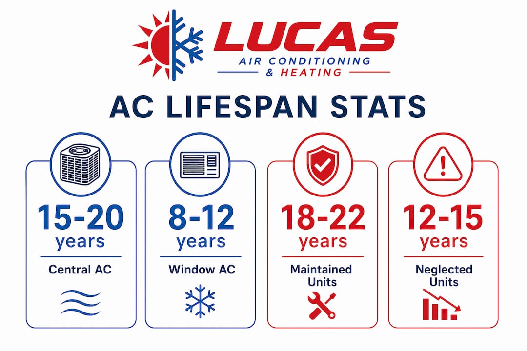 Infographic showing lifespan ranges for various air conditioner types