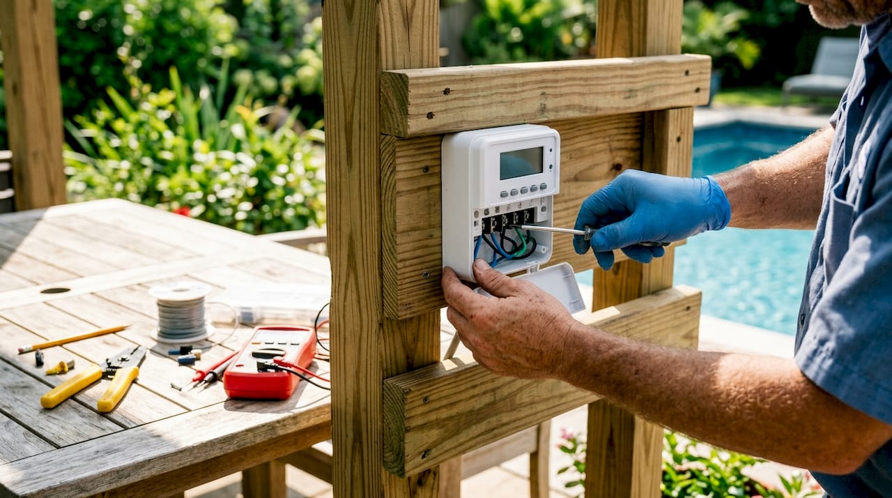 Close-up of hands installing digital pool timer