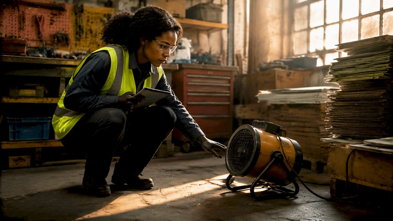 Technician inspecting heater near combustibles